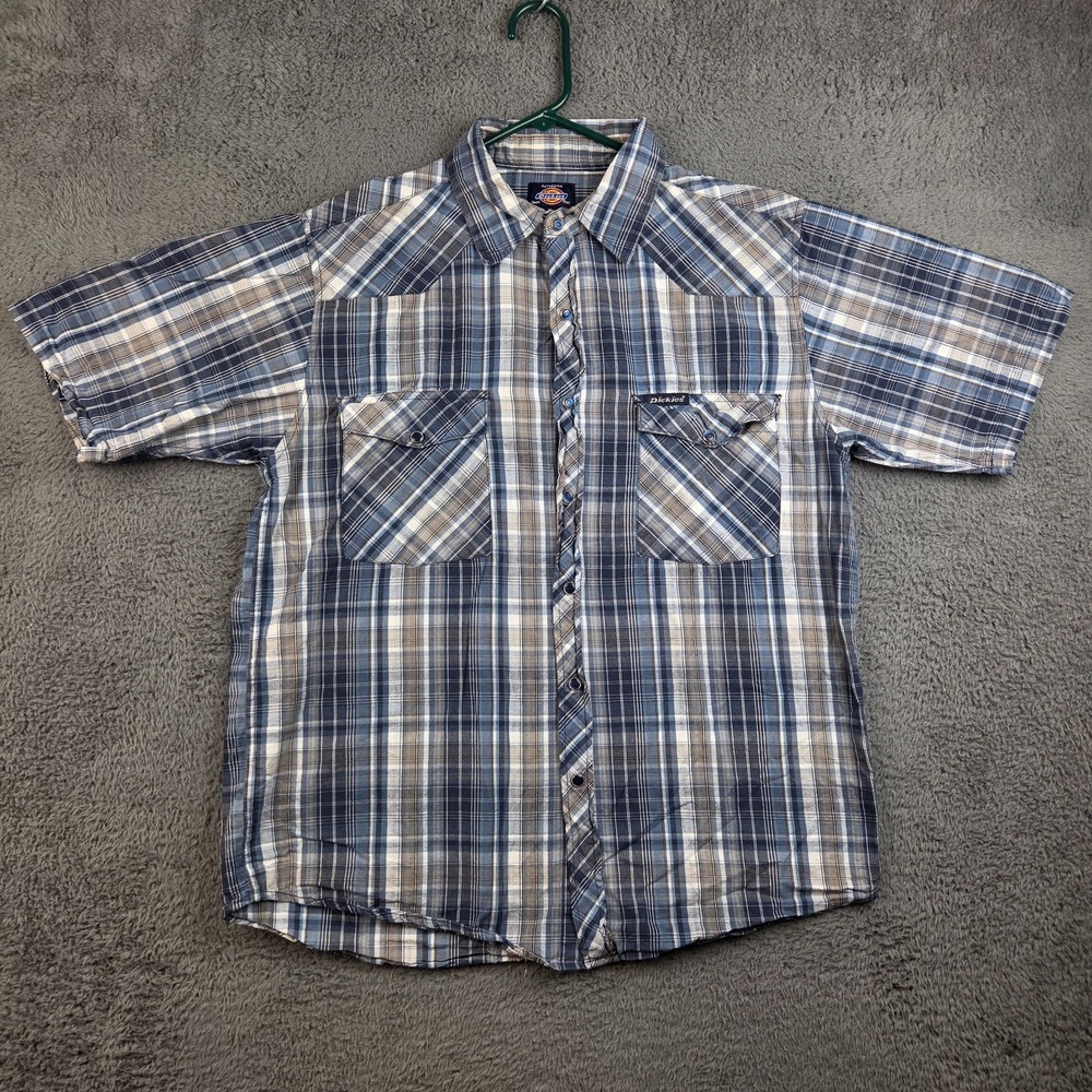 Dickies Clear Snap Shirt Men's Extra Large Blue Plaid Western Flap Pockets
